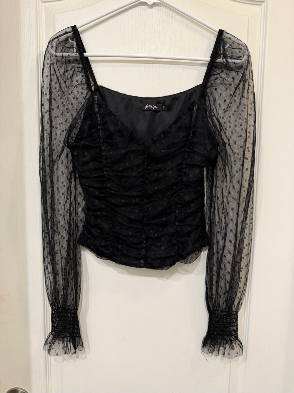 Nasty Gal Black Sheer Polka-Dot Ruched Long Sleeve Top